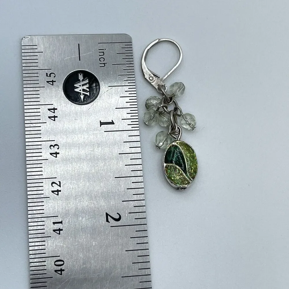 Vintage Silver Tone Green Enamel Dangle Earrings Drop Back Hoops Boho Classic